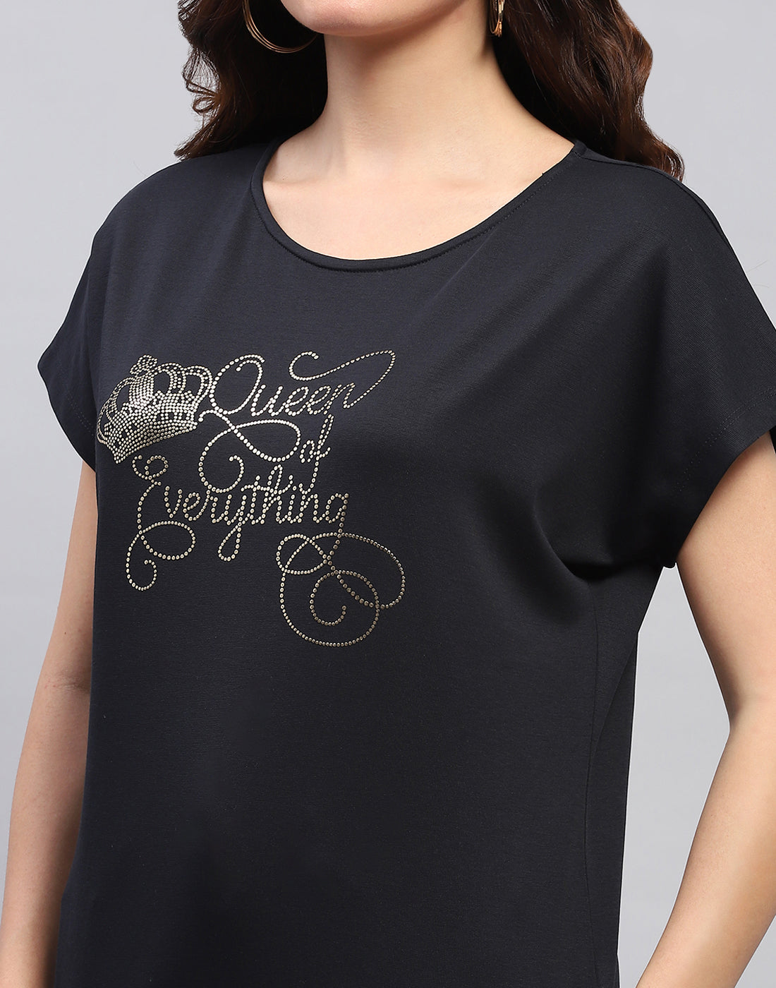 Women Navy Blue Printed Round Neck Half Sleeve Top