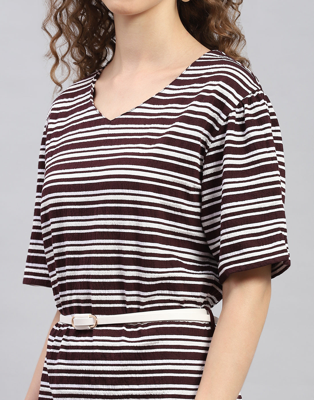 Women Maroon Stripe Round Neck 3/4 Sleeve Dress
