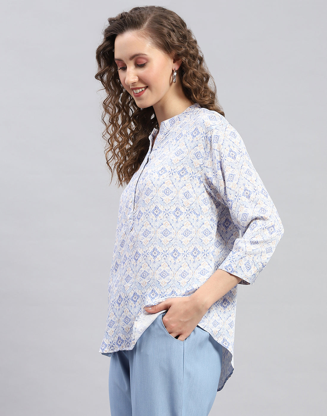 Women Sky Blue Printed Mandarin Neck 3/4 Sleeve Top