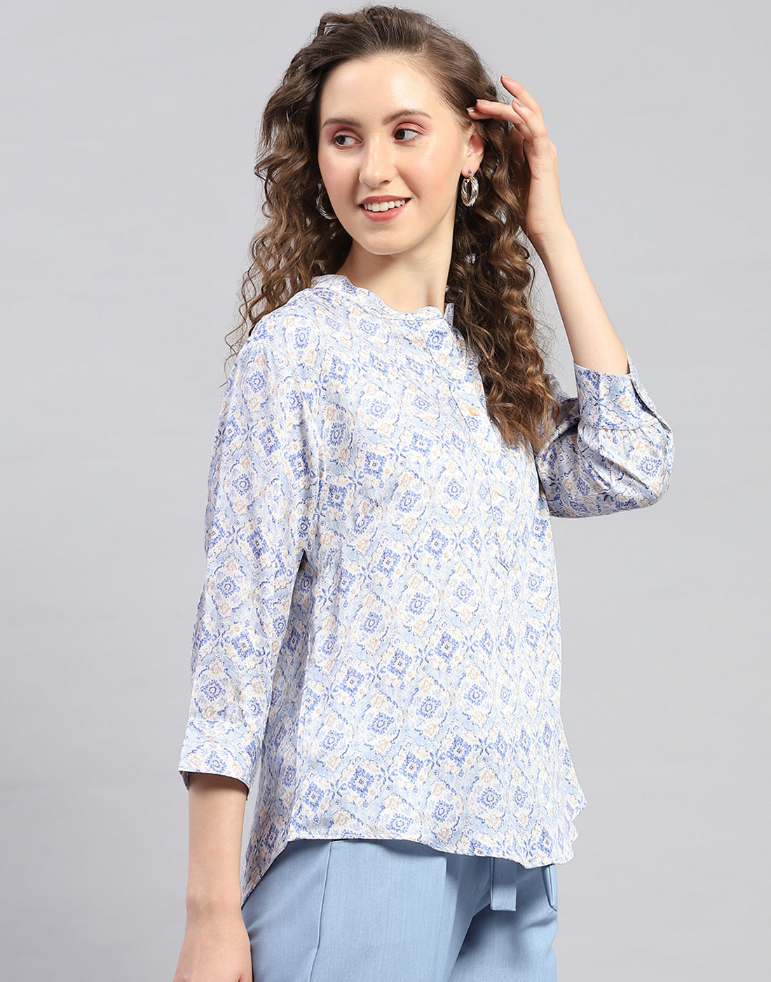 Women Sky Blue Printed Mandarin Neck 3/4 Sleeve Top