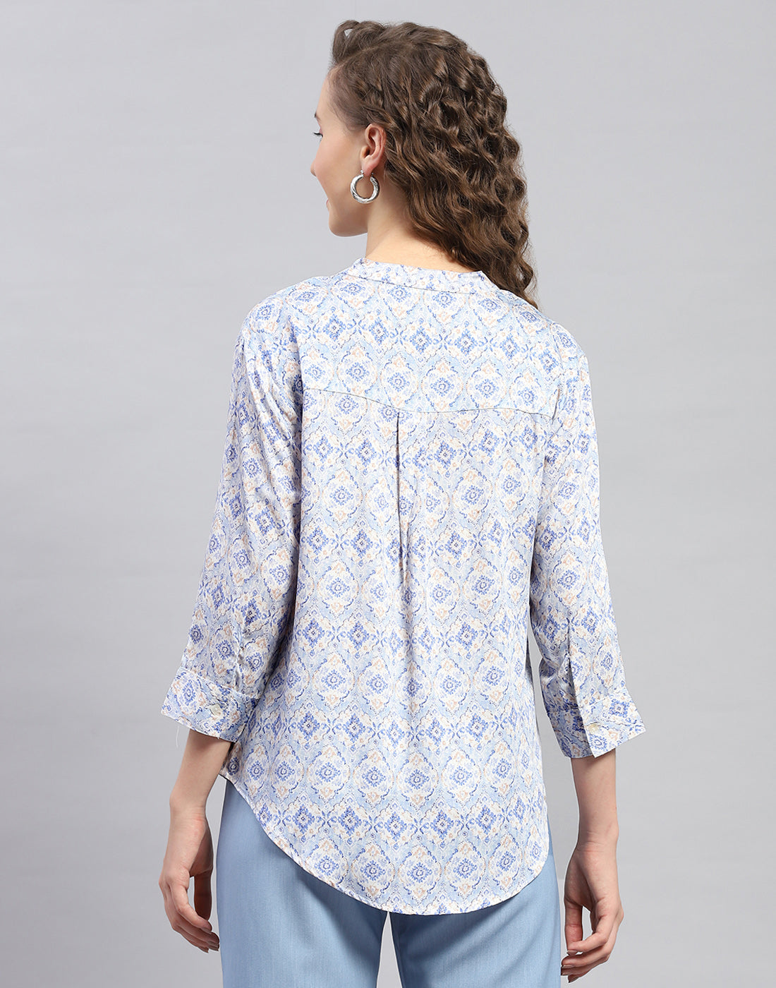 Women Sky Blue Printed Mandarin Neck 3/4 Sleeve Top