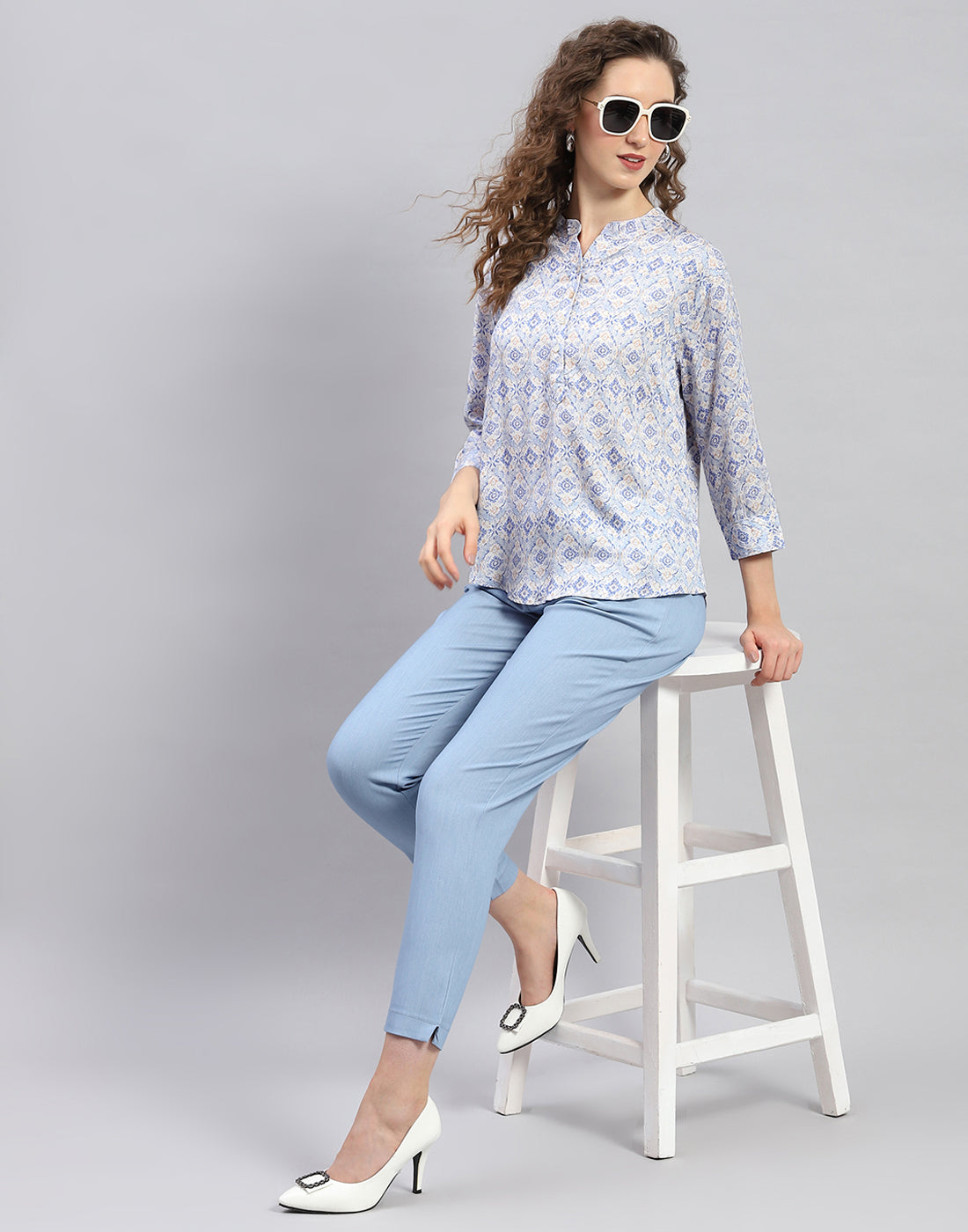Women Sky Blue Printed Mandarin Neck 3/4 Sleeve Top