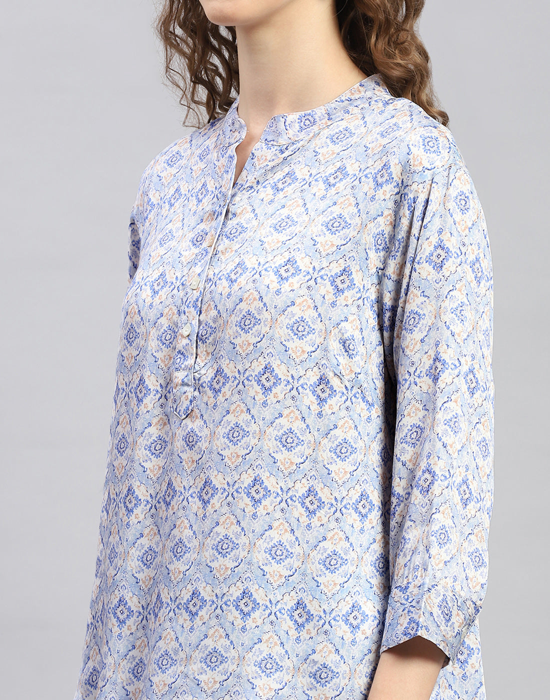 Women Sky Blue Printed Mandarin Neck 3/4 Sleeve Top