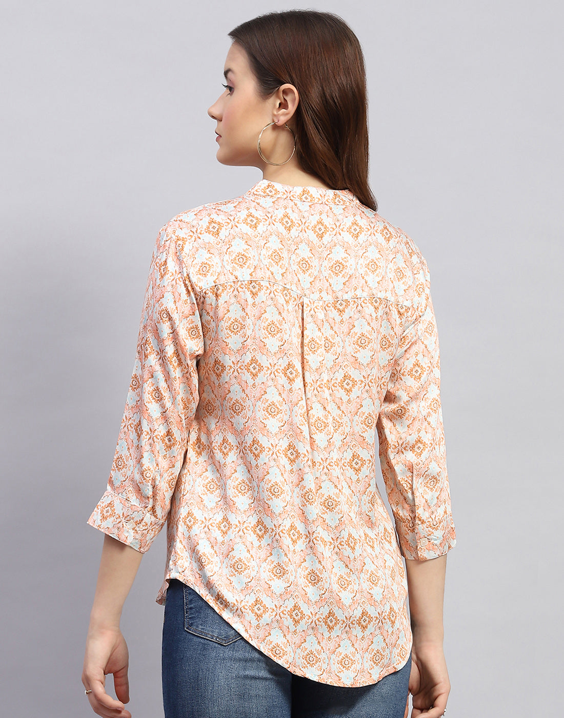 Women Peach Printed Mandarin Neck 3/4 Sleeve Top