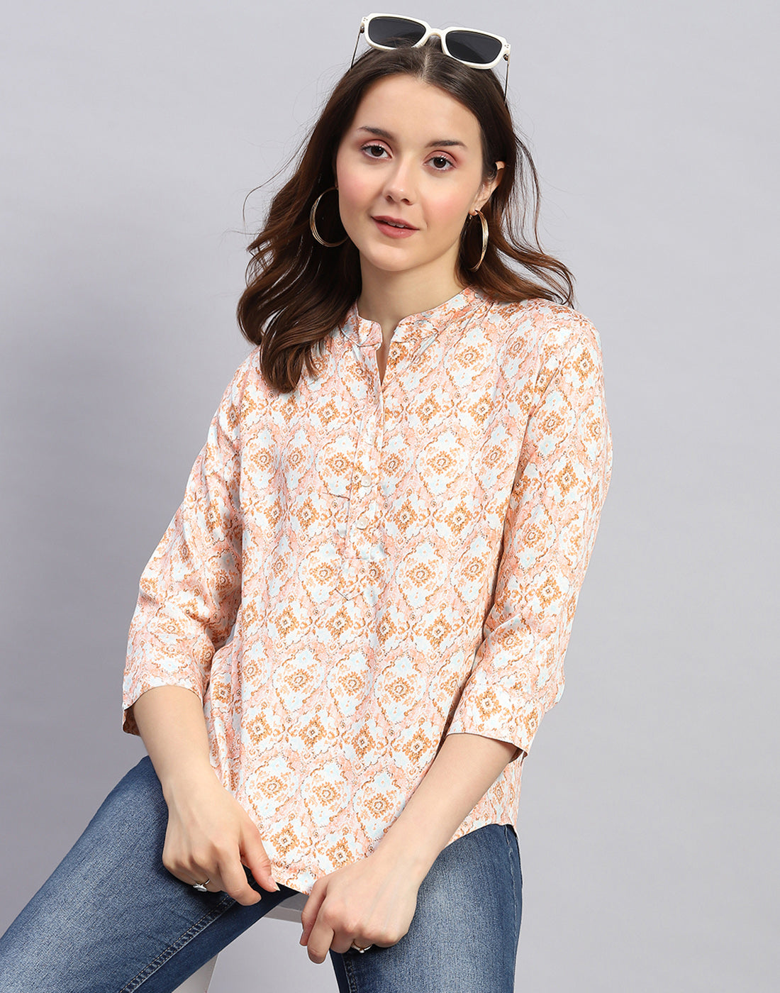 Women Peach Printed Mandarin Neck 3/4 Sleeve Top