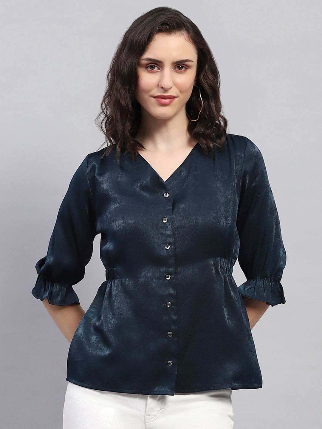 Women Teal Blue Solid V Neck 3/4 Sleeve Top