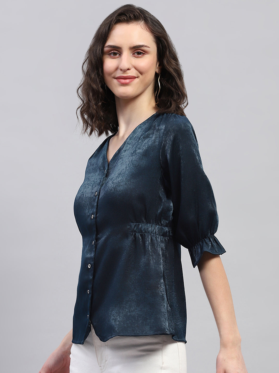 Women Teal Blue Solid V Neck 3/4 Sleeve Top