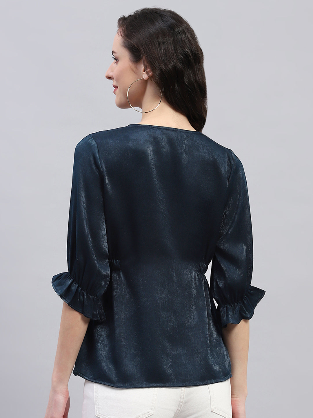 Women Teal Blue Solid V Neck 3/4 Sleeve Top