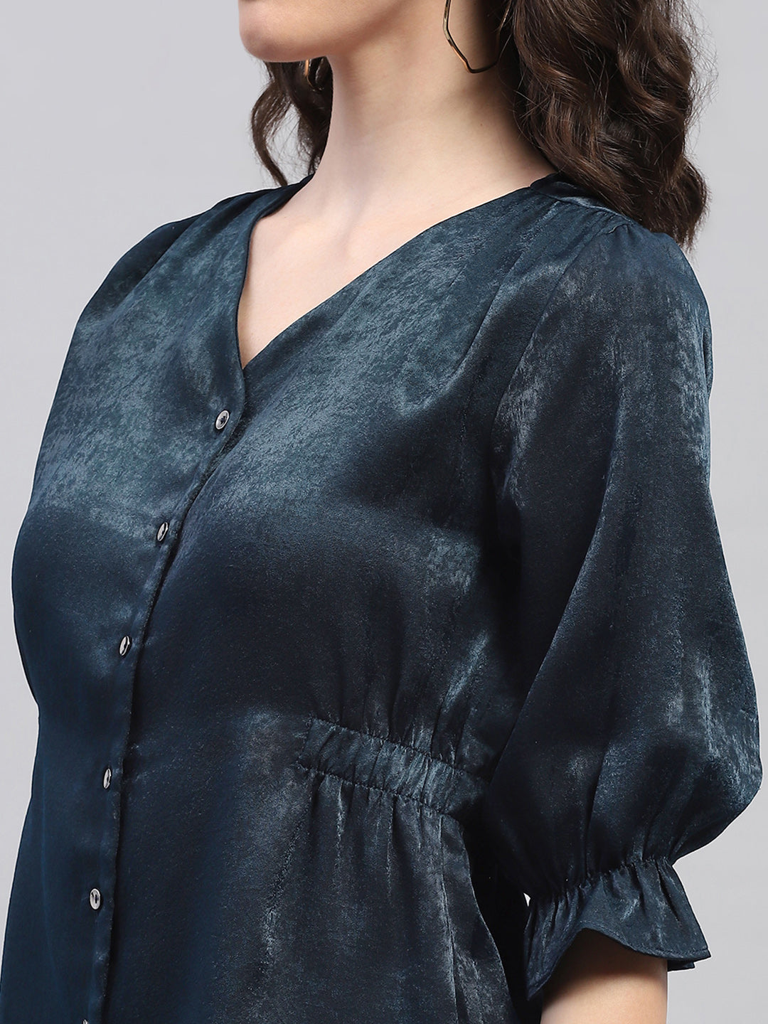 Women Teal Blue Solid V Neck 3/4 Sleeve Top