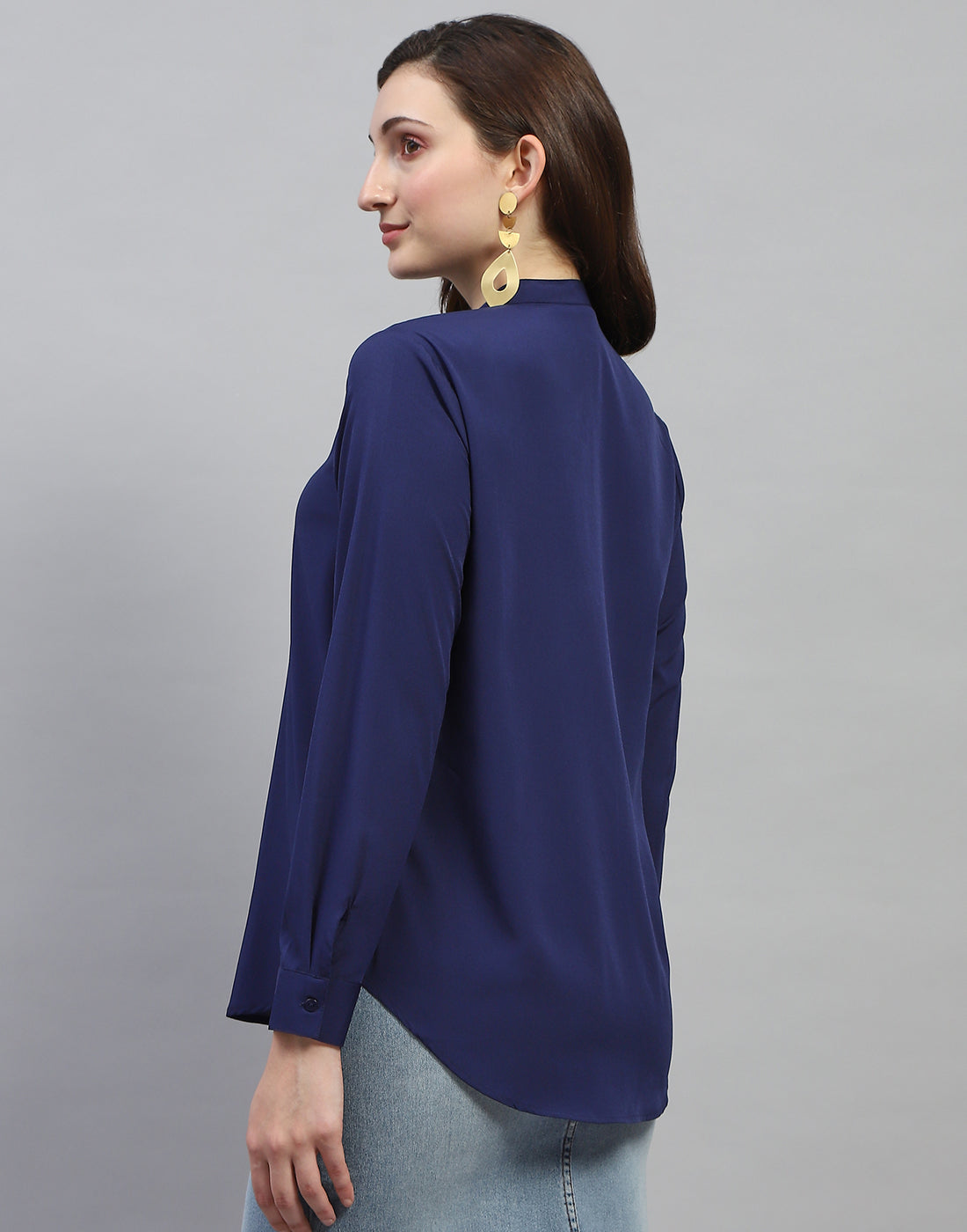 Women Navy Blue Solid Mandarin Collar Full Sleeve Top