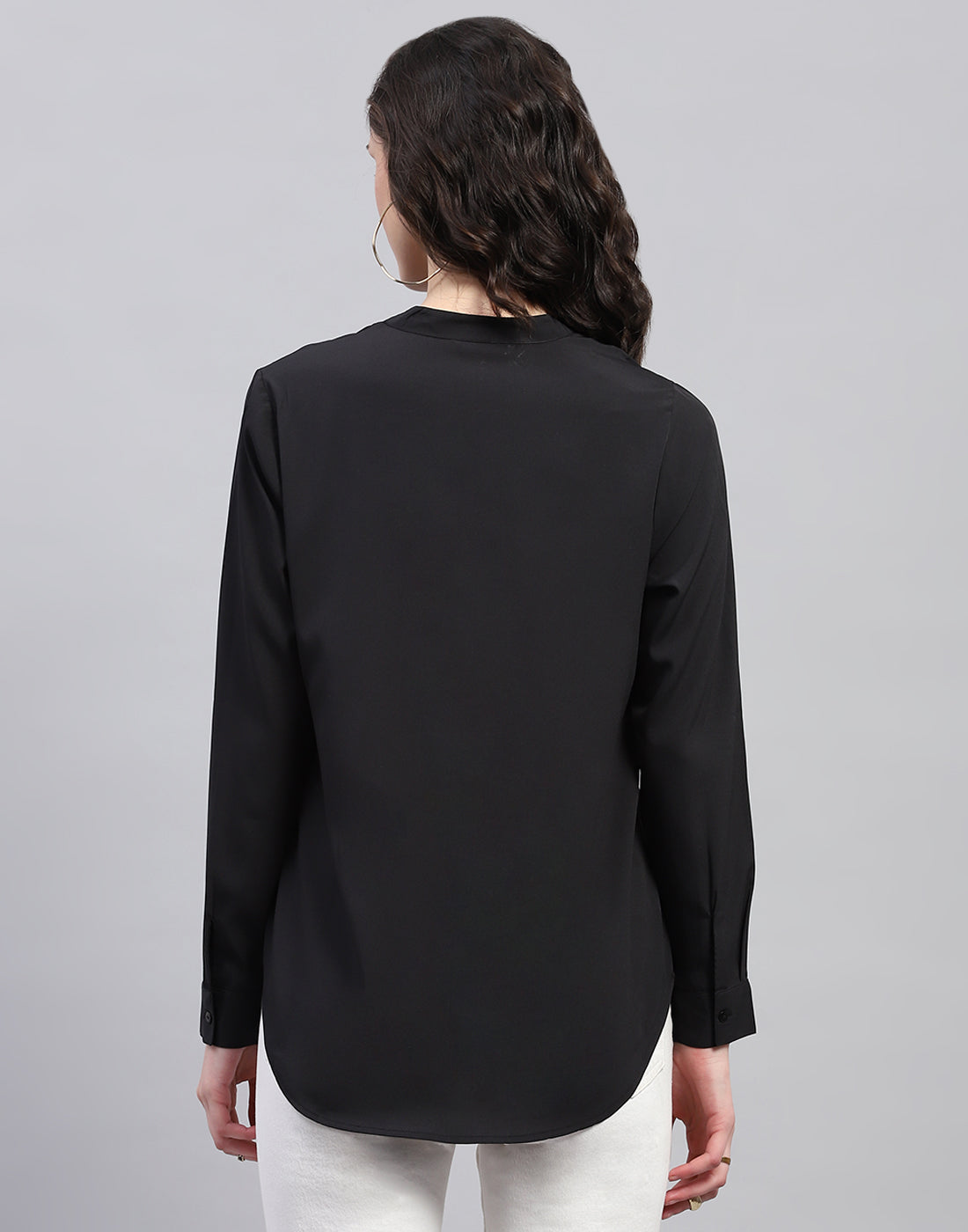 Women Black Solid Mandarin Collar Full Sleeve Top