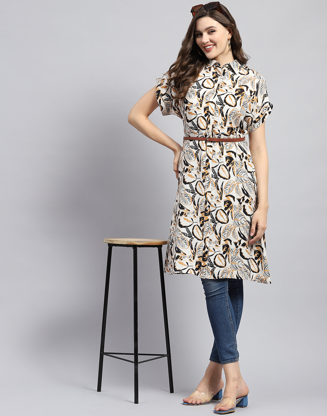 Women Brown & Black Printed Collar Half Sleeve Tunic