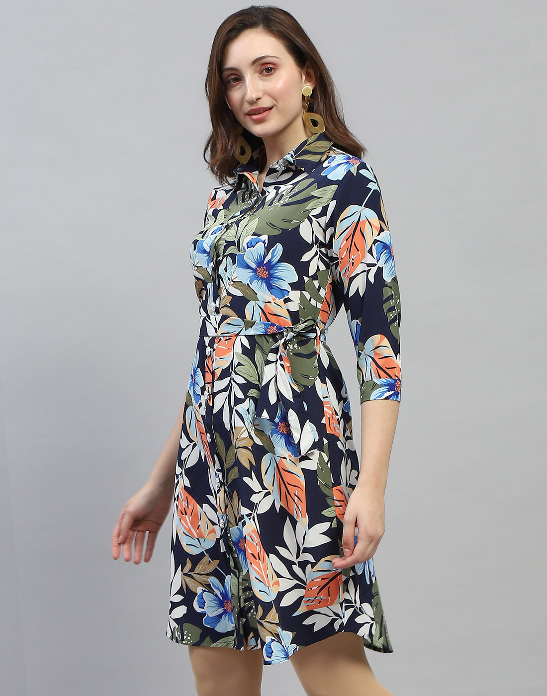 Women Navy Blue Floral Print Collar Neck 3/4 Sleeve Dress
