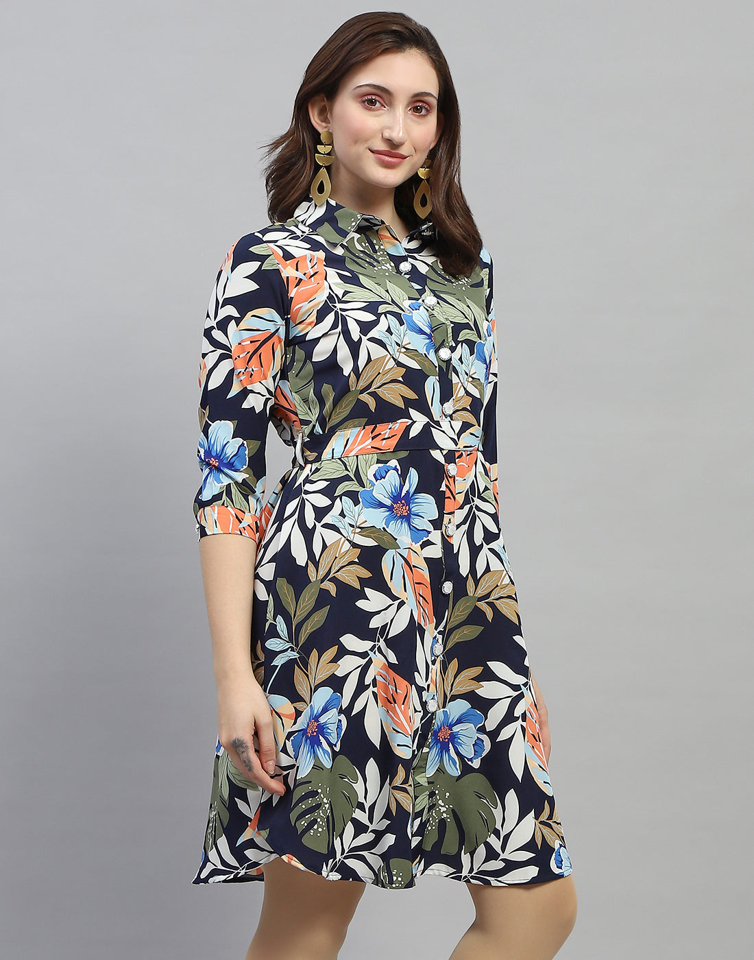 Women Navy Blue Floral Print Collar Neck 3/4 Sleeve Dress