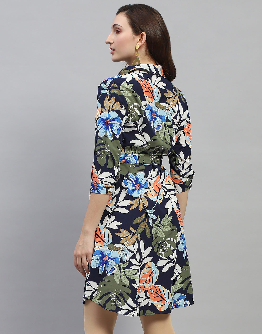Women Navy Blue Floral Print Collar Neck 3/4 Sleeve Dress