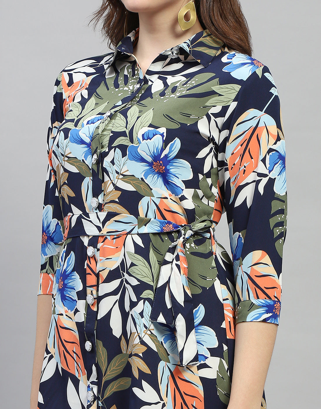 Women Navy Blue Floral Print Collar Neck 3/4 Sleeve Dress