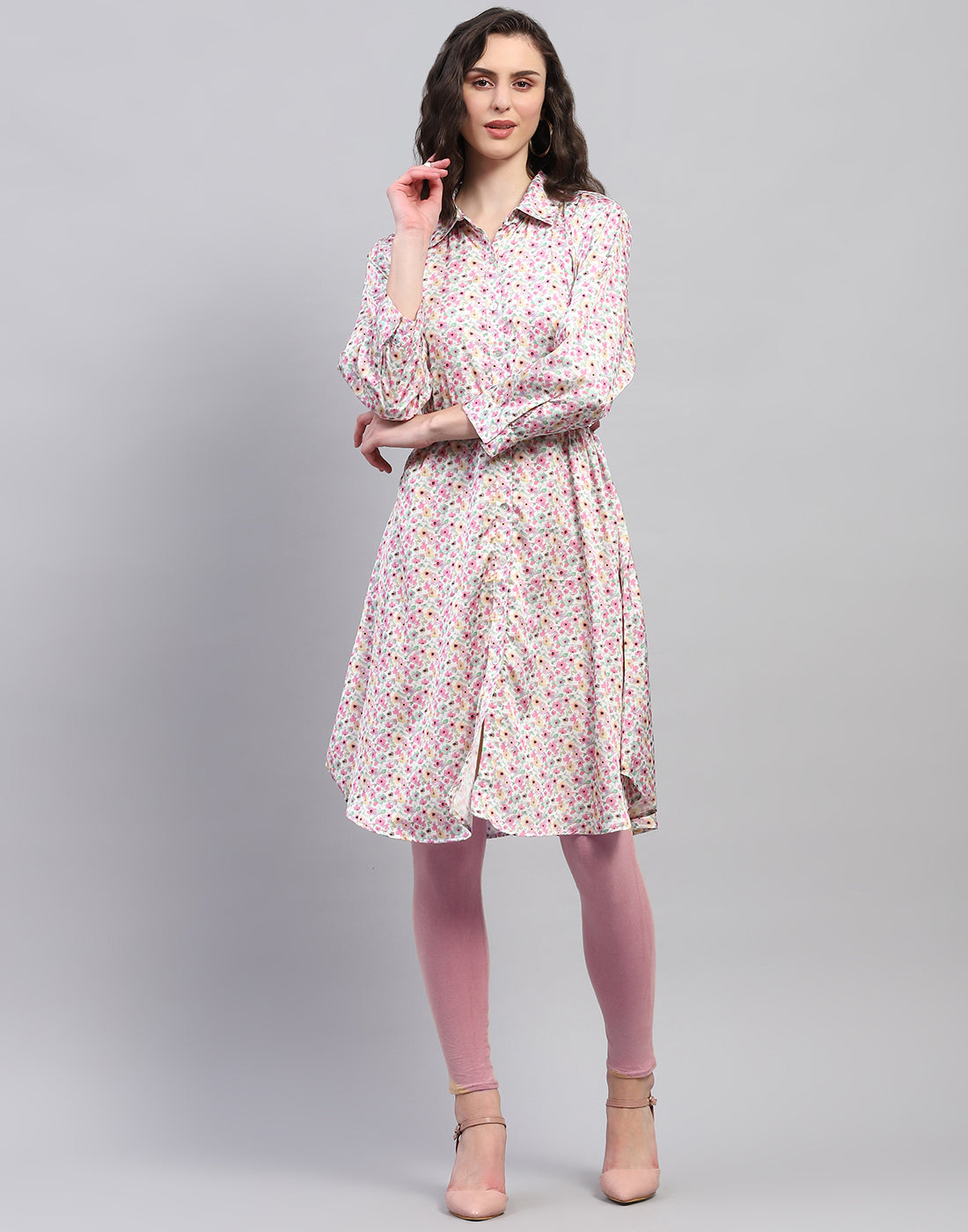 Women Pink Floral Print V Neck 3/4 Sleeve Dress