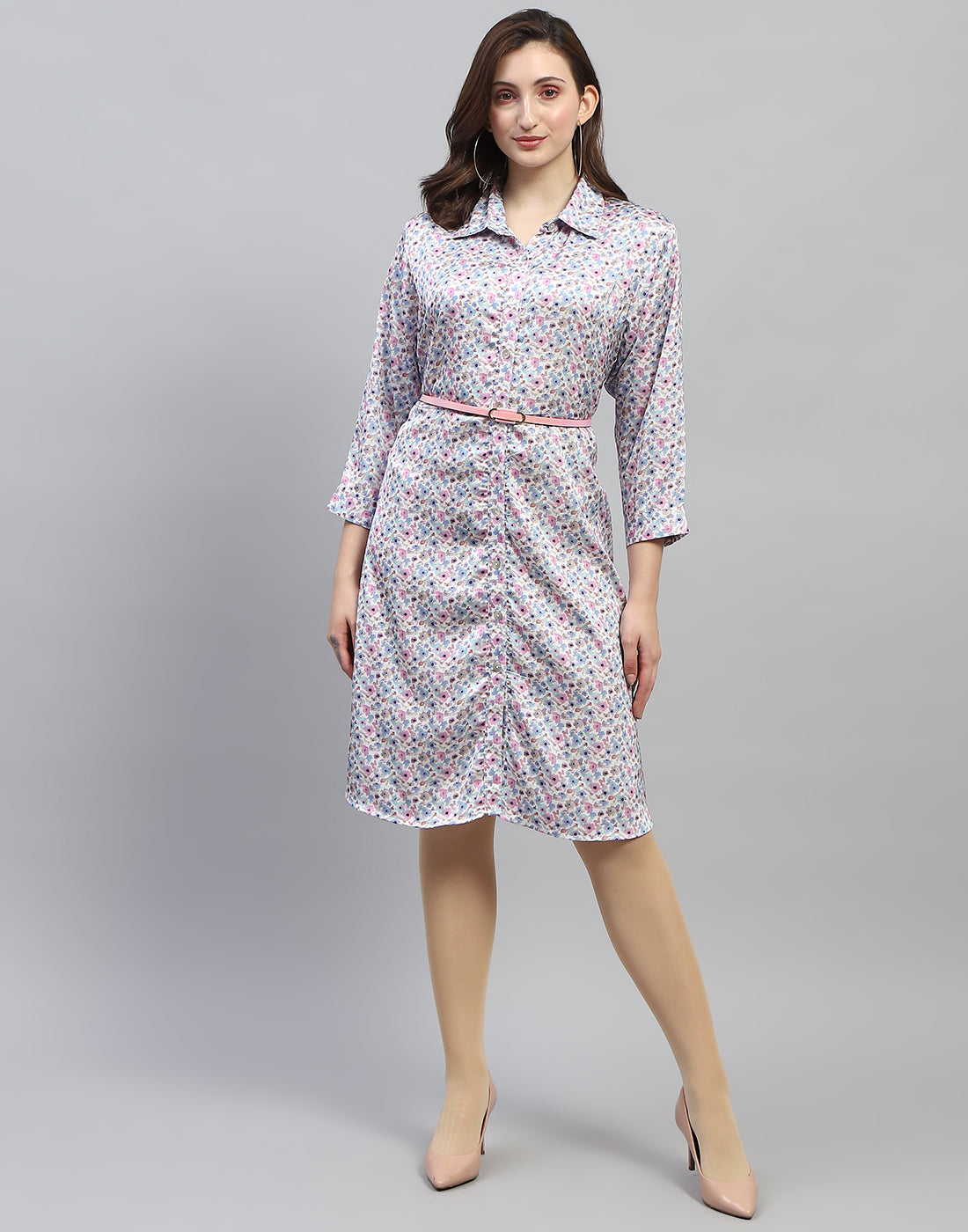 Women Off White Floral Print Collar Neck 3/4 Sleeve Dress