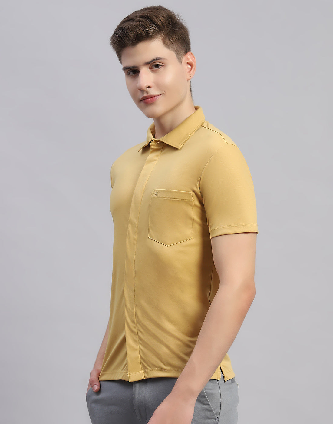 Men Mustard Solid Collar Half Sleeve Shirt