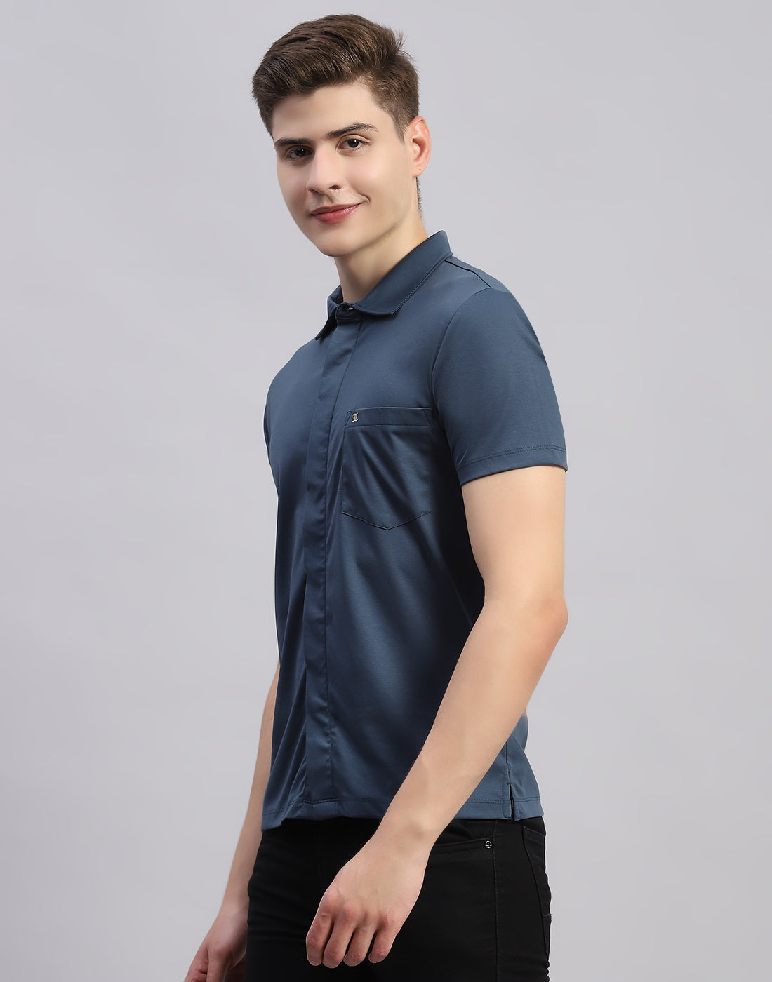 Men Teal Blue Solid Collar Half Sleeve Shirt