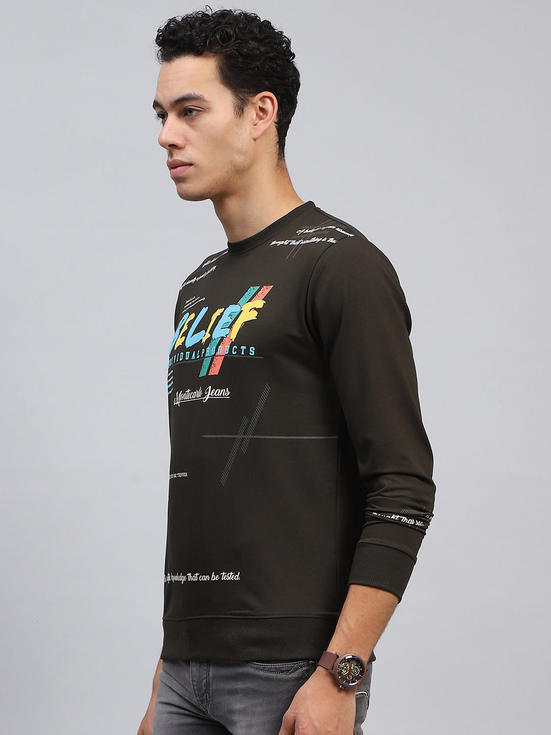 Men Olive Printed Round Neck Full Sleeve Winter T-Shirt