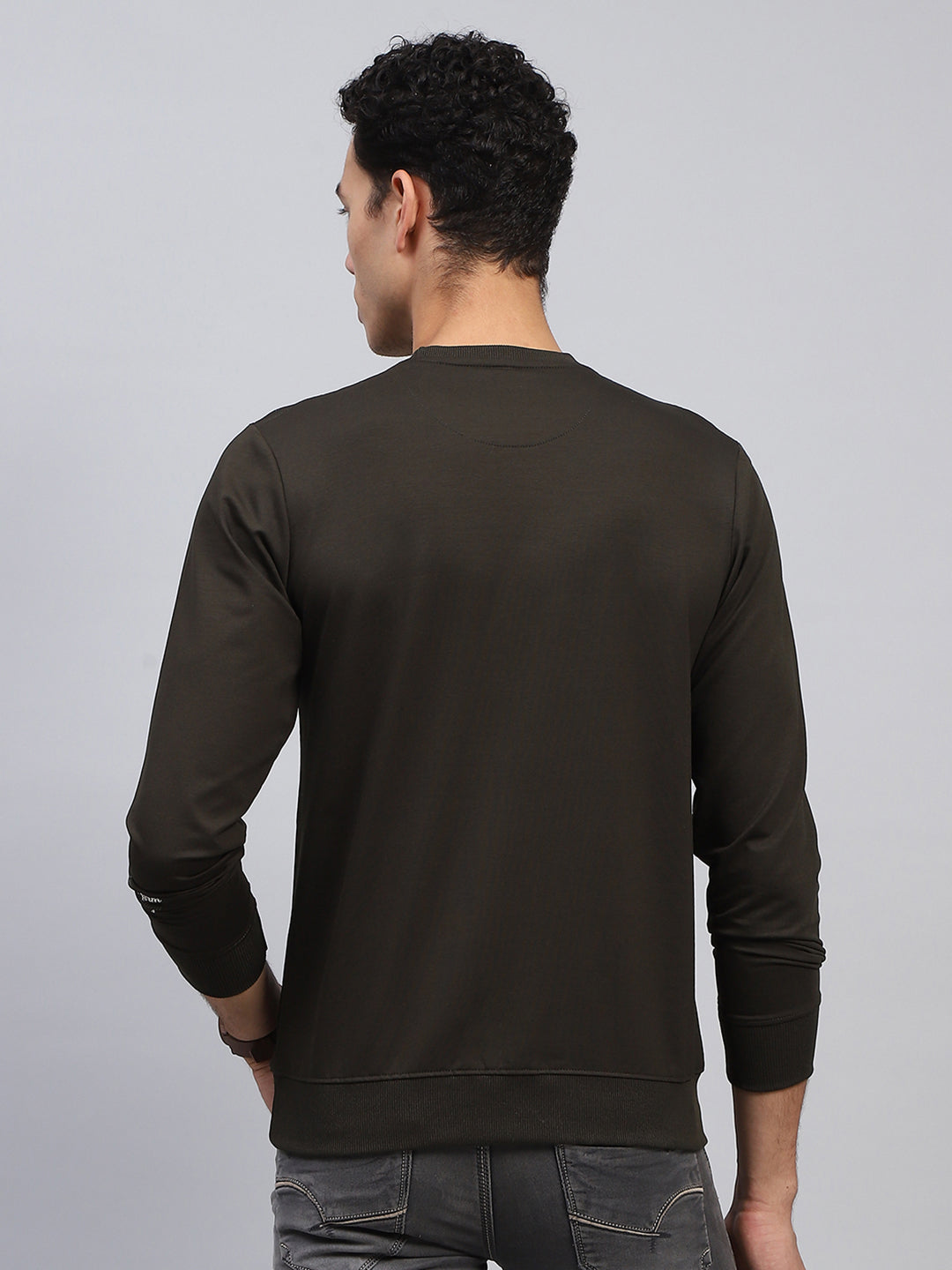 Men Olive Printed Round Neck Full Sleeve Winter T-Shirt