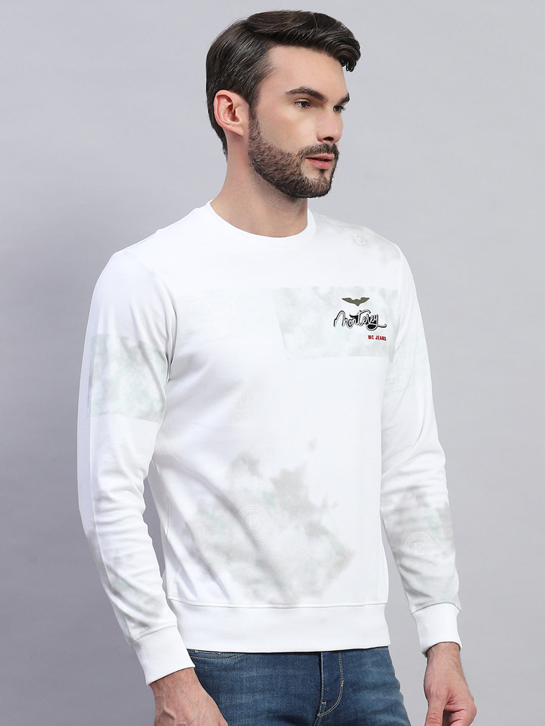 Men White Printed Round Neck Full Sleeve T-Shirt