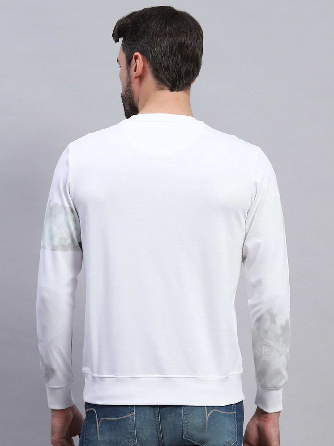 Men White Printed Round Neck Full Sleeve T-Shirt