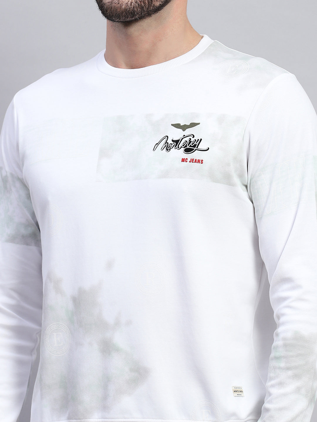 Men White Printed Round Neck Full Sleeve T-Shirt