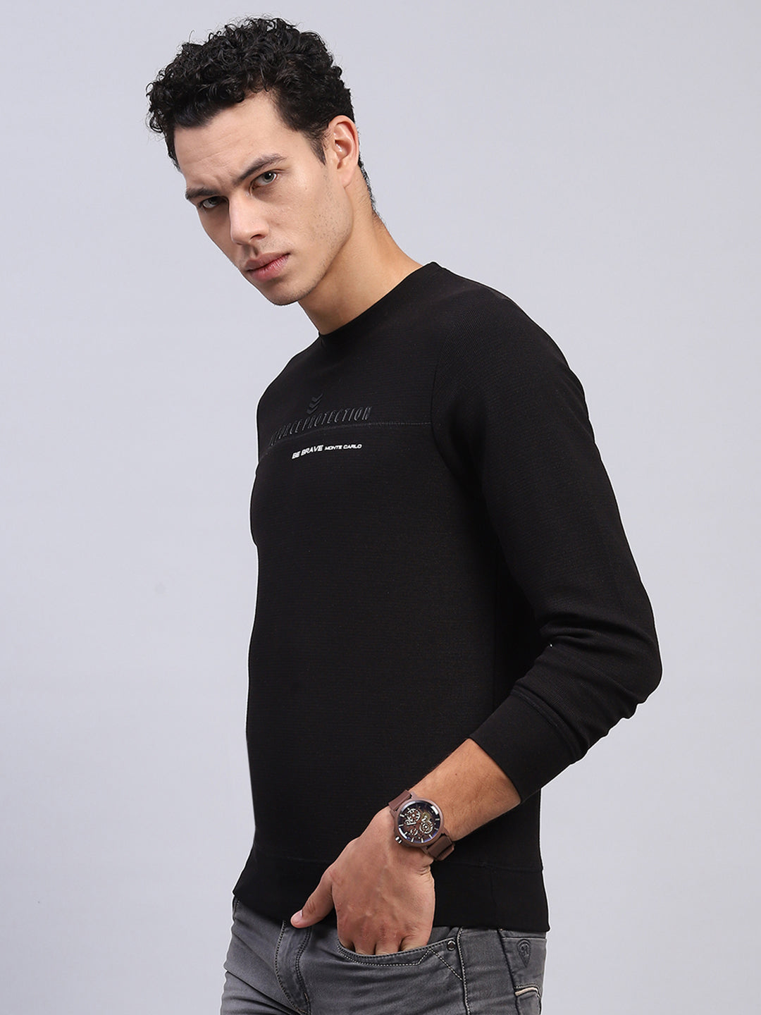 Men Black Printed Round Neck Full Sleeve Winter T-Shirt