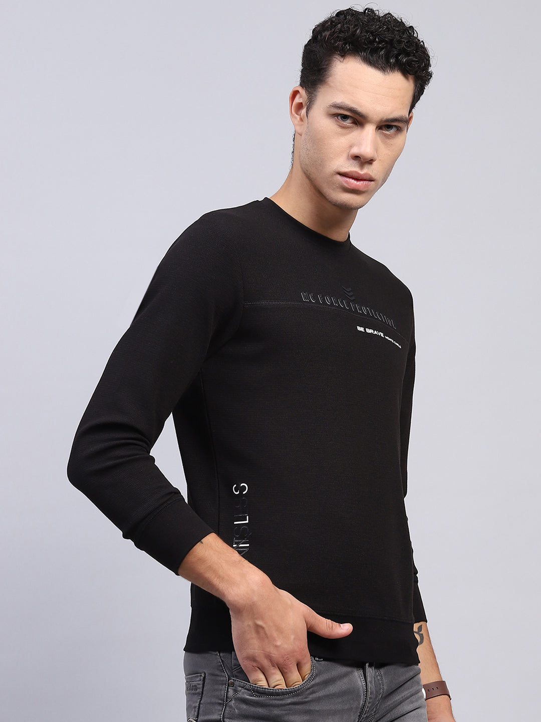 Men Black Printed Round Neck Full Sleeve Winter T-Shirt