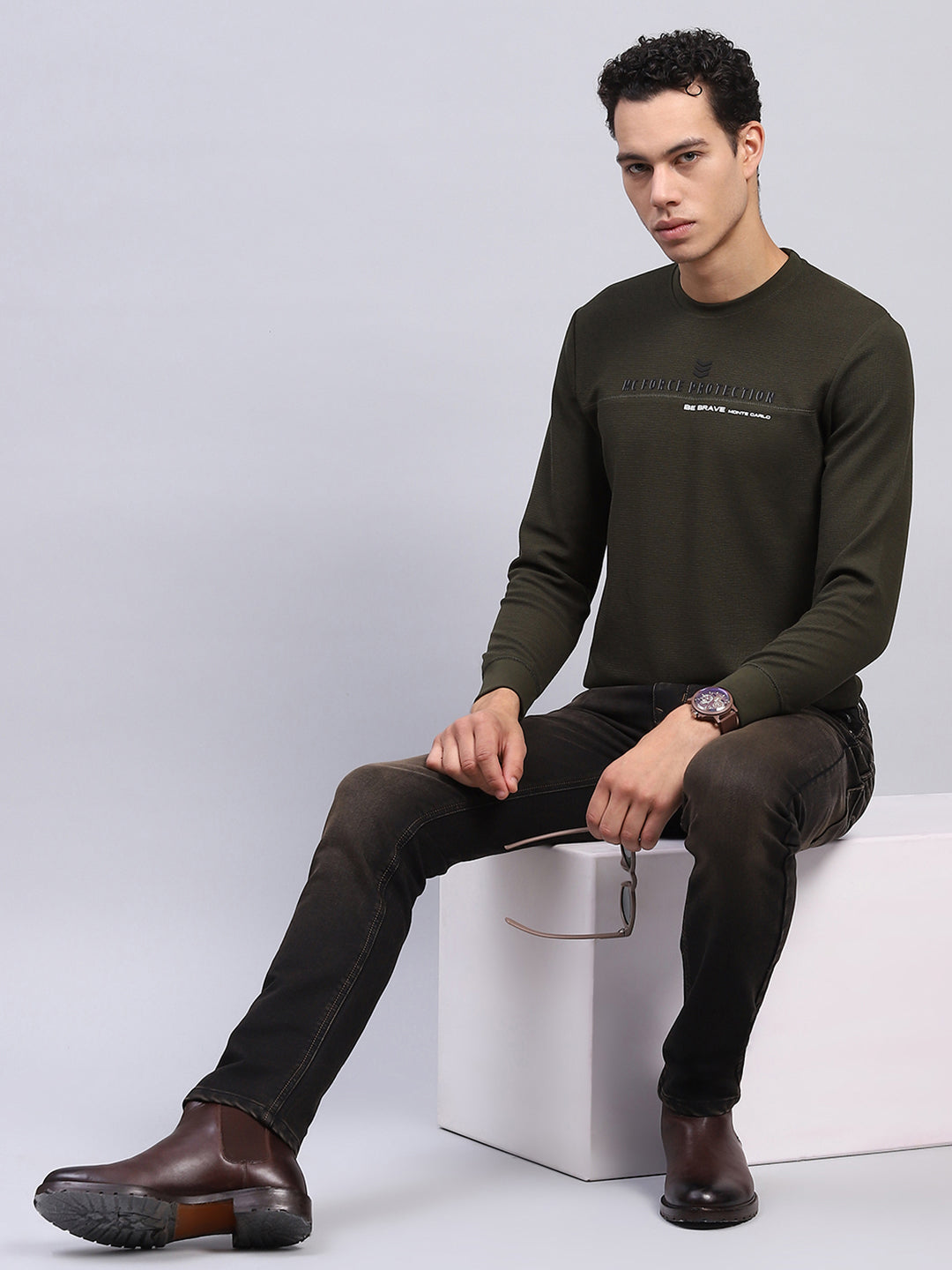 Men Olive Printed Round Neck Full Sleeve Winter T-Shirt