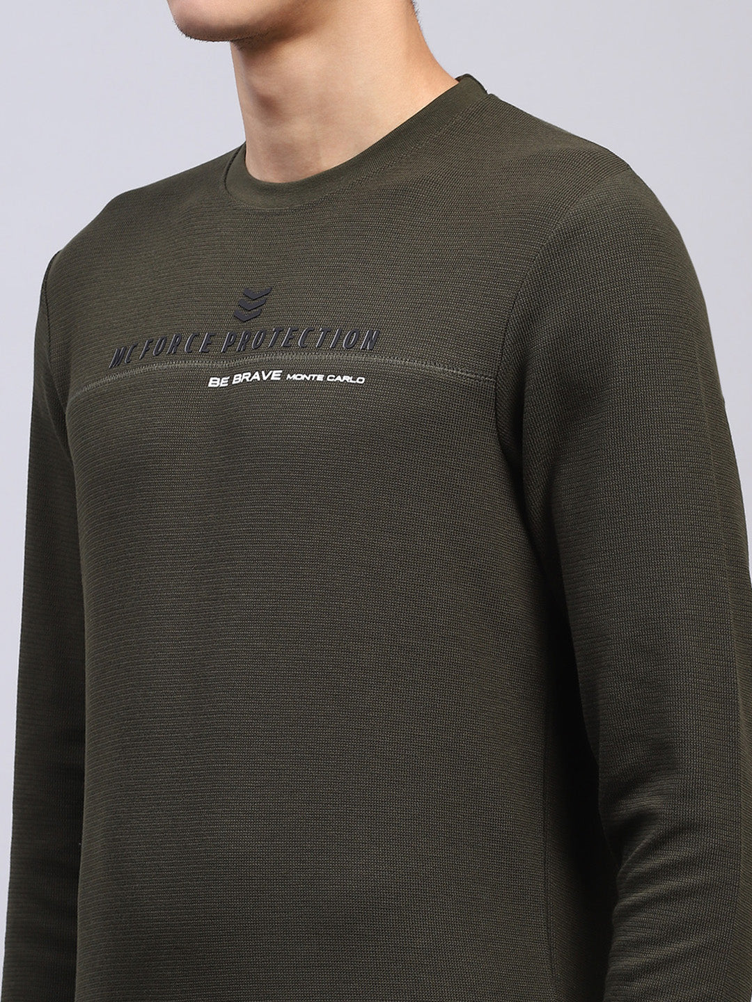 Men Olive Printed Round Neck Full Sleeve Winter T-Shirt