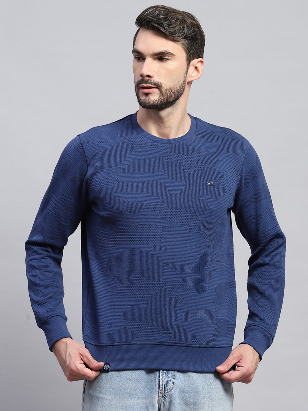 Men Blue Self Design Round Neck Full Sleeve T-Shirt