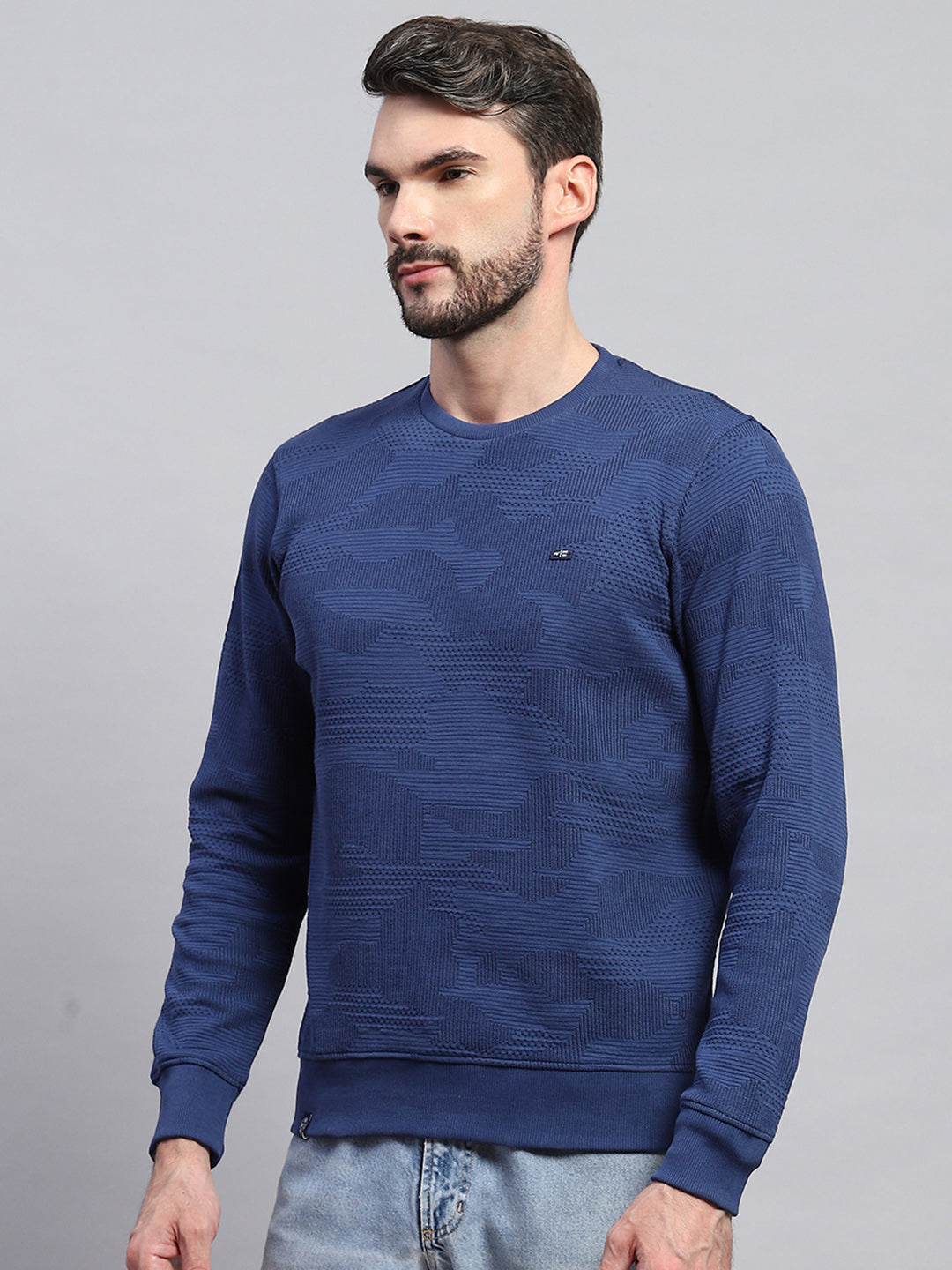 Men Blue Self Design Round Neck Full Sleeve T-Shirt