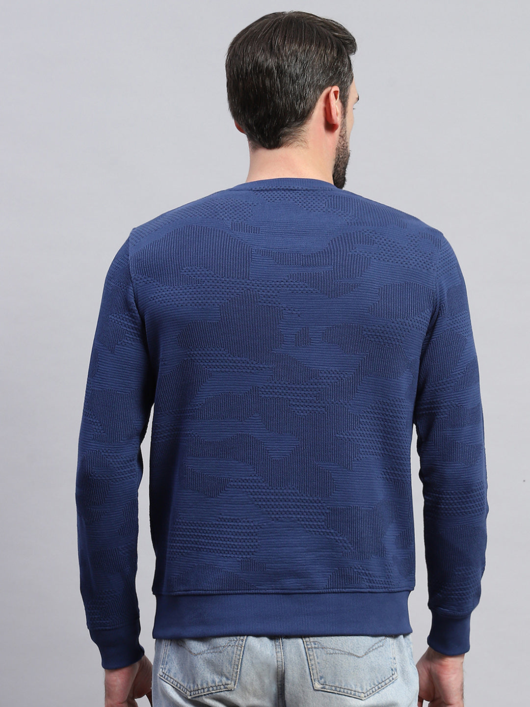 Men Blue Self Design Round Neck Full Sleeve T-Shirt