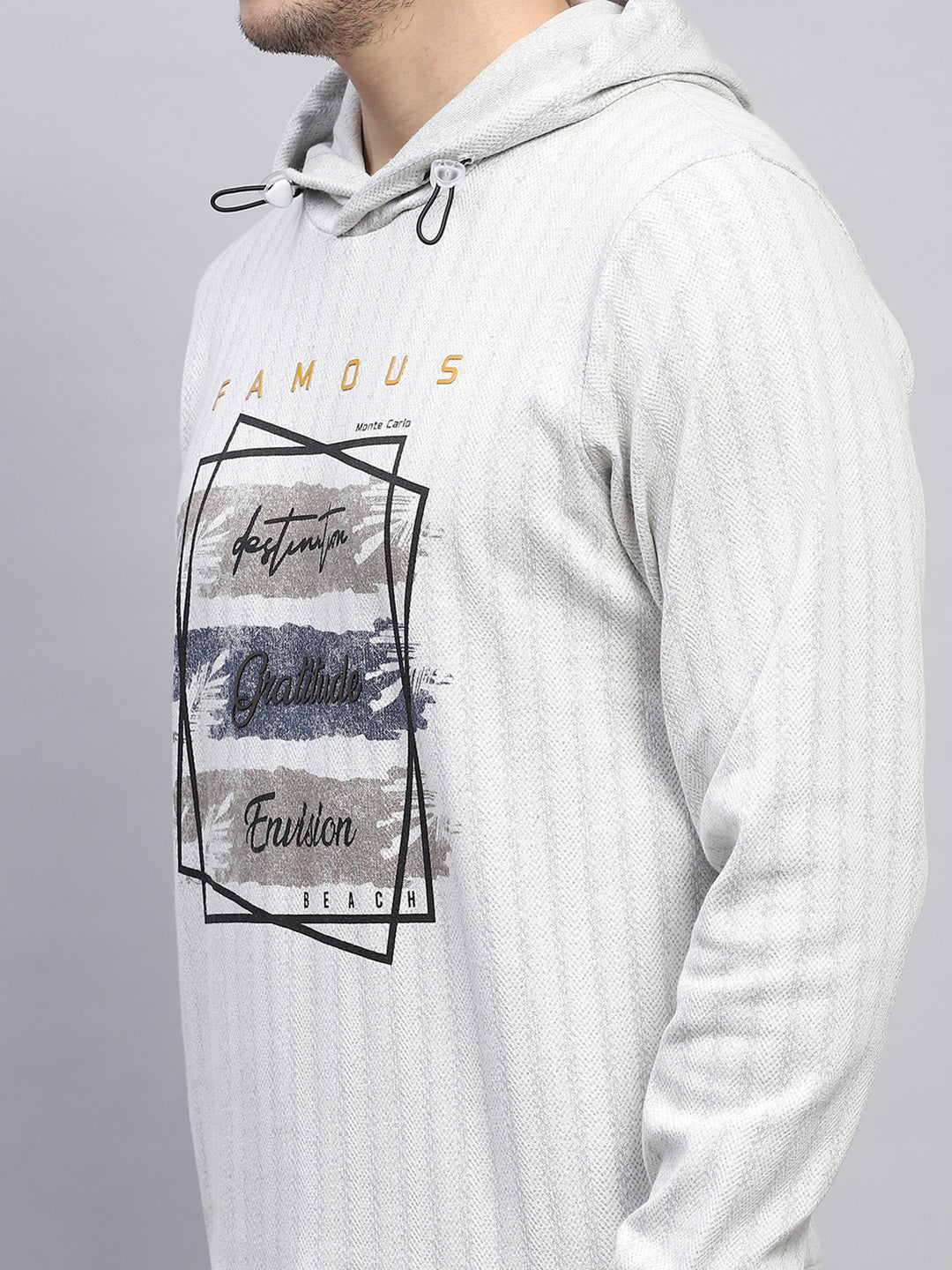 Men Grey Printed Hooded Full Sleeve Winter T-Shirt