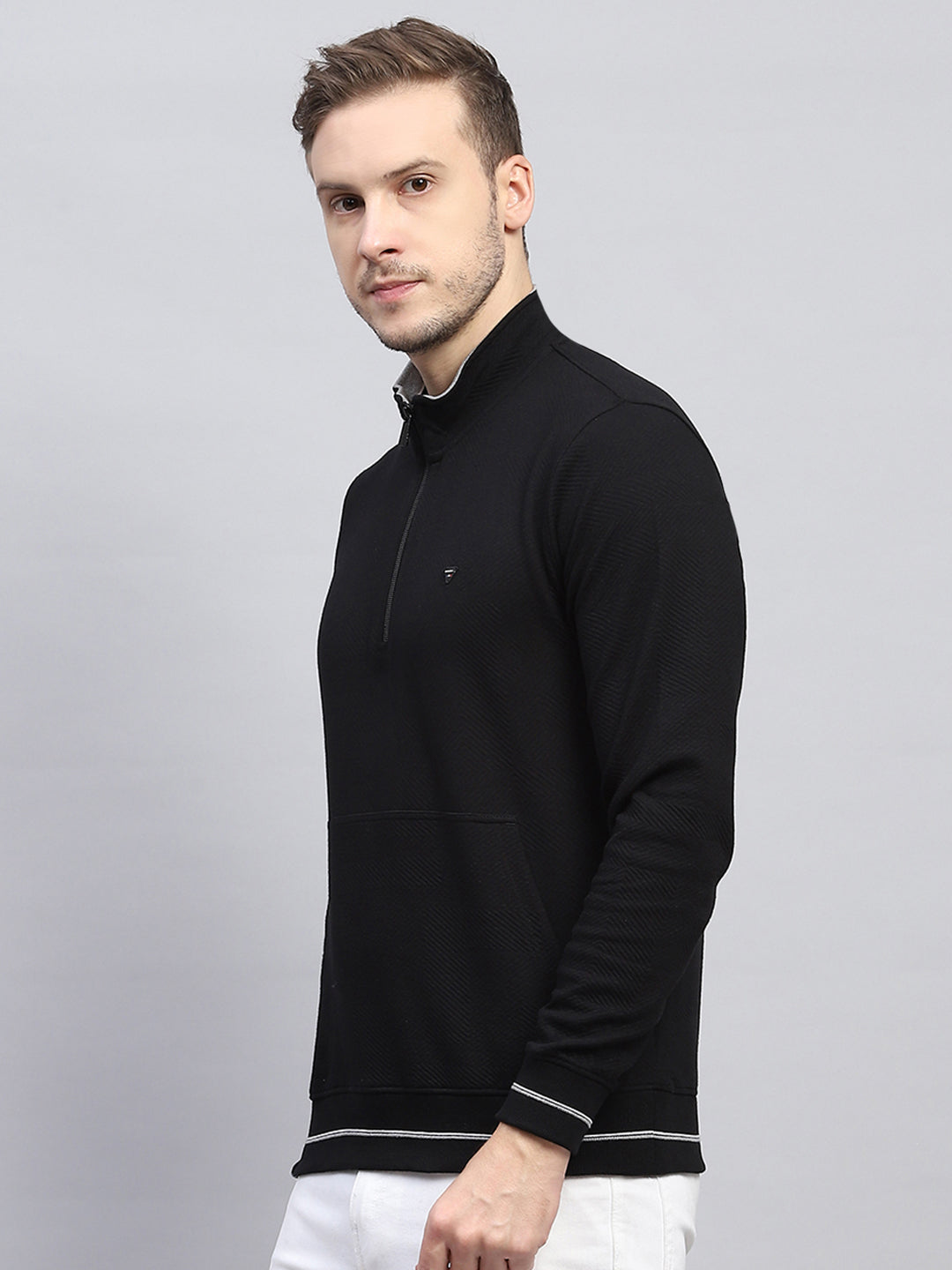 Men Black Self Design Mock Neck Full Sleeve Winter T-Shirt