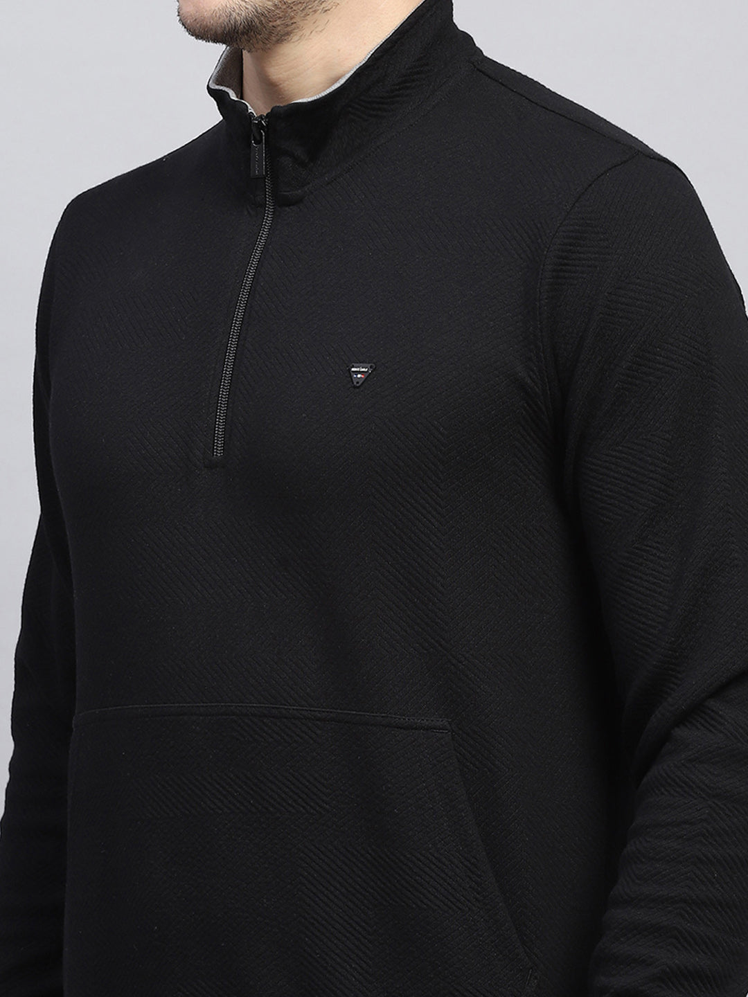 Men Black Self Design Mock Neck Full Sleeve Winter T-Shirt