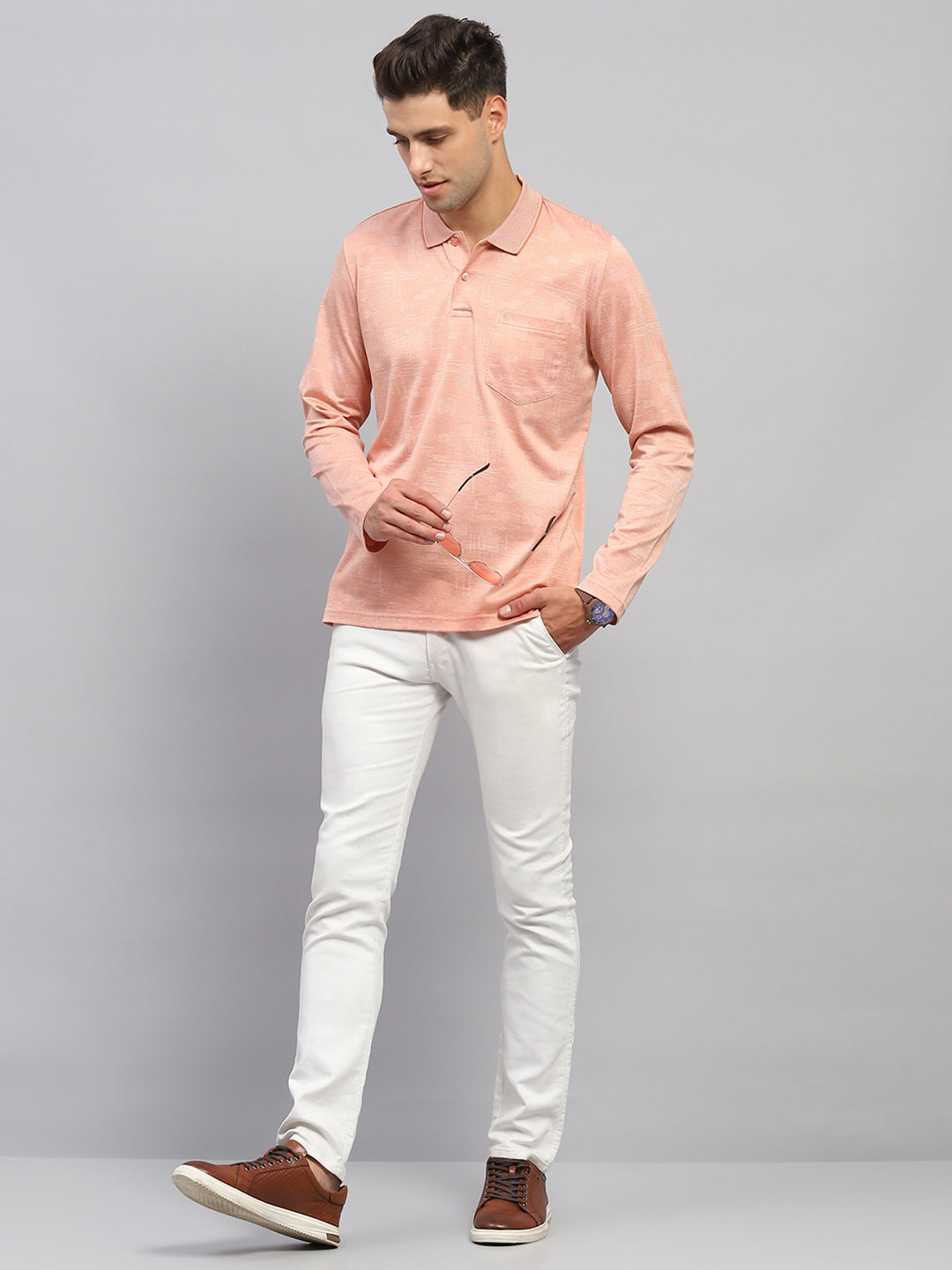 Men Orange Self Design Collar Full Sleeve Winter T-Shirt