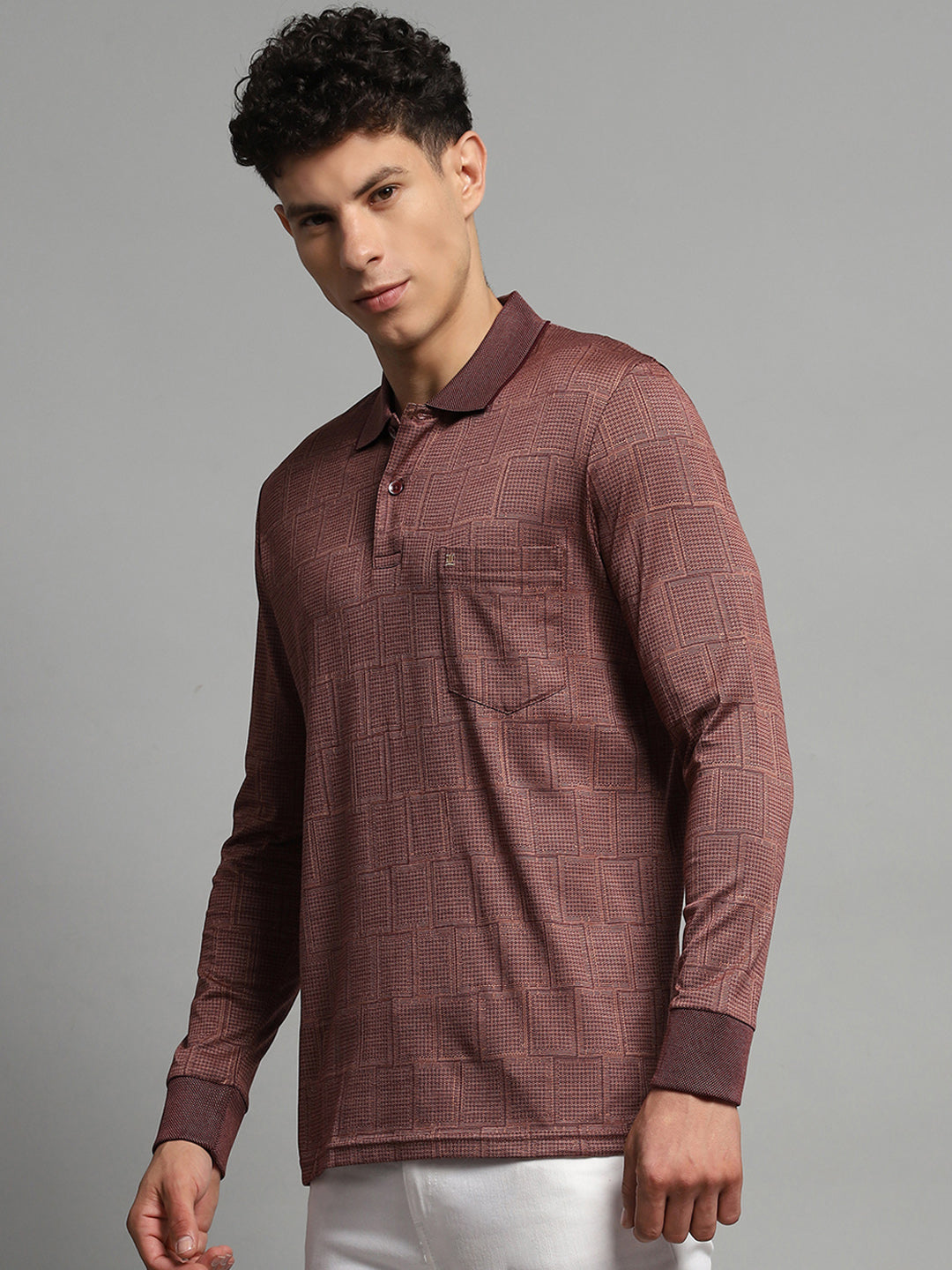 Luxuria Men Brown Self Design Collar Full Sleeve Winter T-Shirt