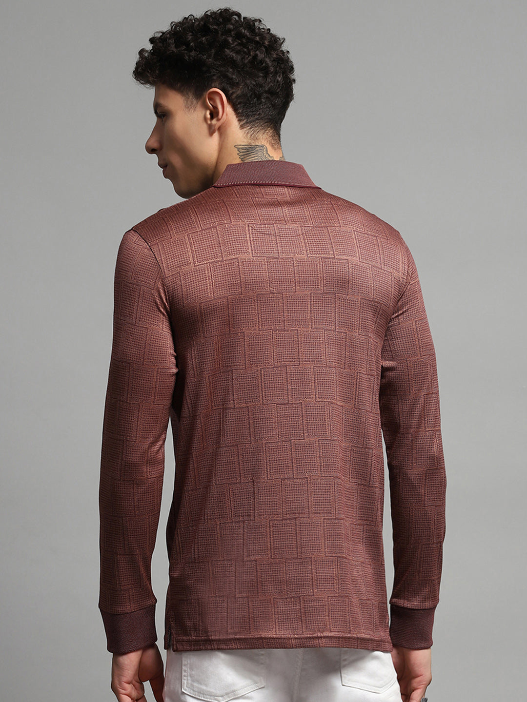 Luxuria Men Brown Self Design Collar Full Sleeve Winter T-Shirt