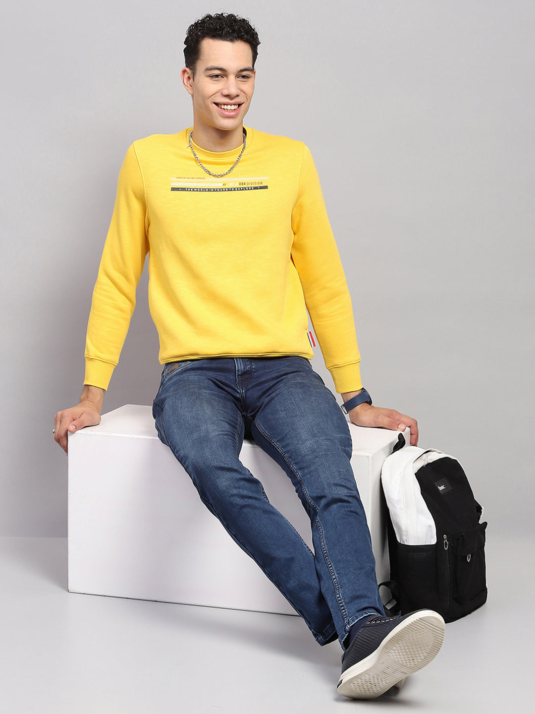 Men Yellow Printed Round Neck Full Sleeve Sweatshirt