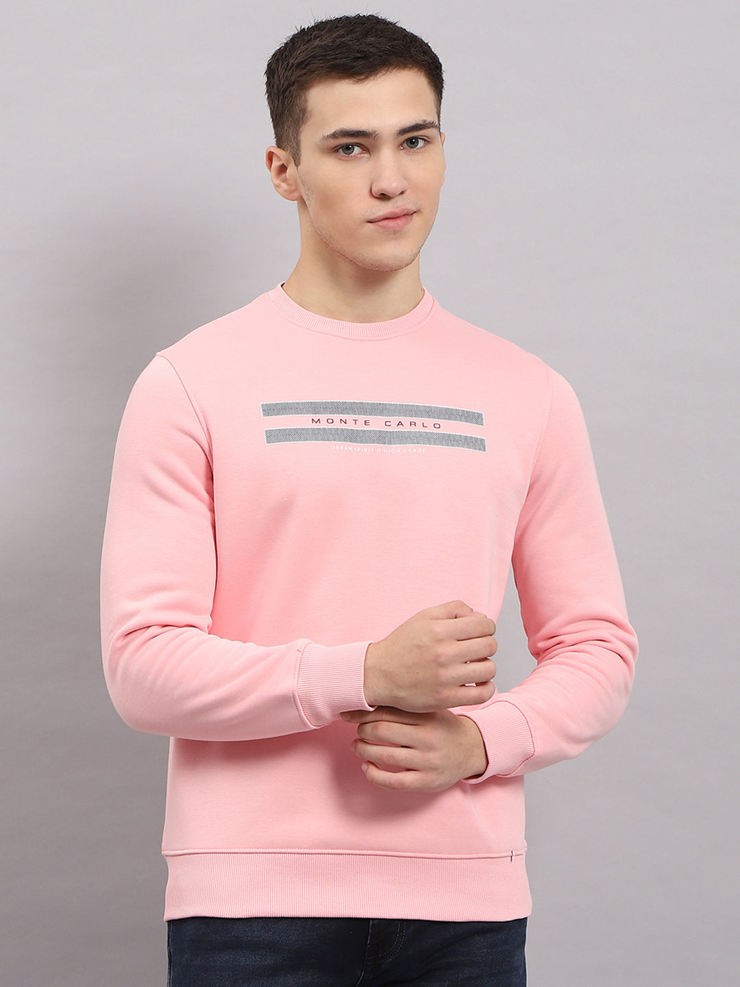 Men Pink Printed Round Neck Full Sleeve Sweatshirt