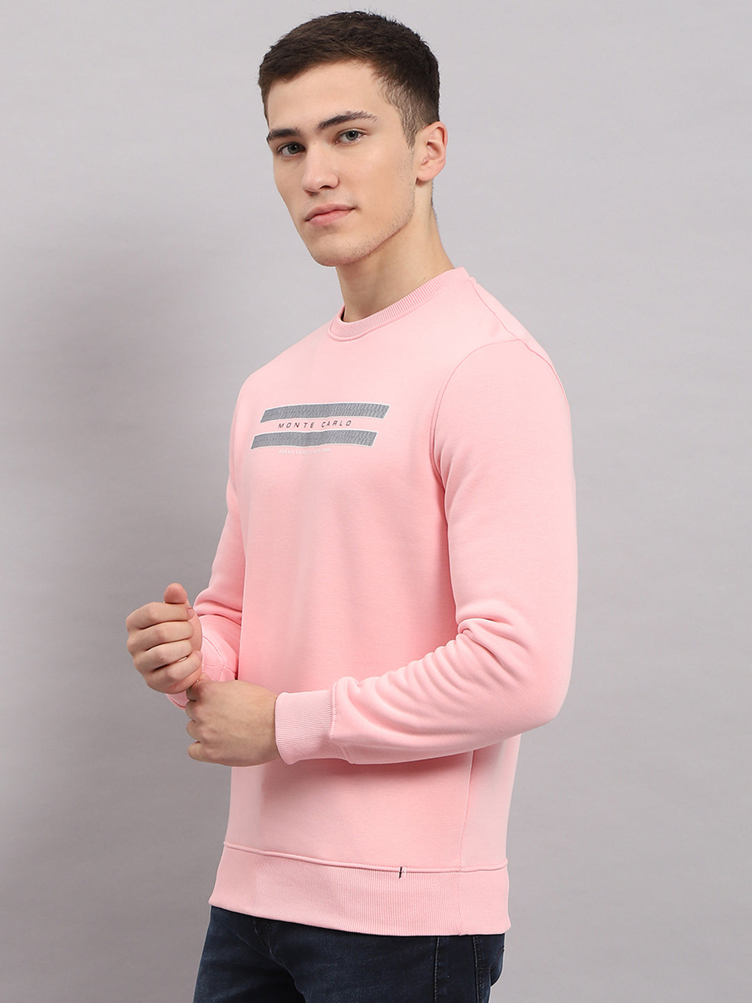 Men Pink Printed Round Neck Full Sleeve Sweatshirt