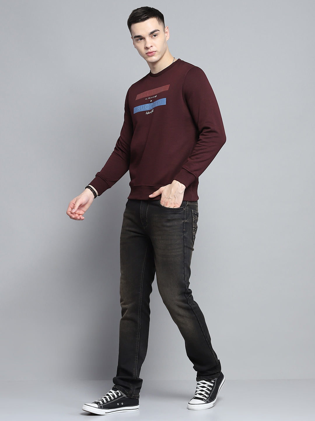 Men Maroon Printed Round Neck Full Sleeve Sweatshirt