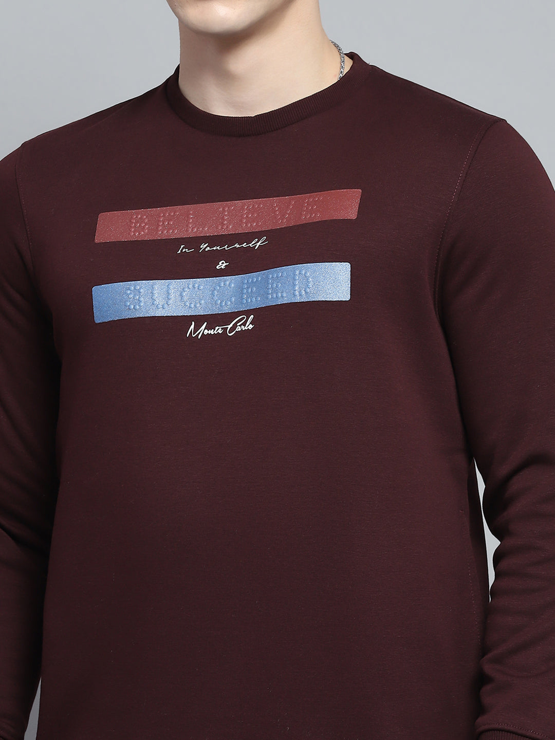 Men Maroon Printed Round Neck Full Sleeve Sweatshirt
