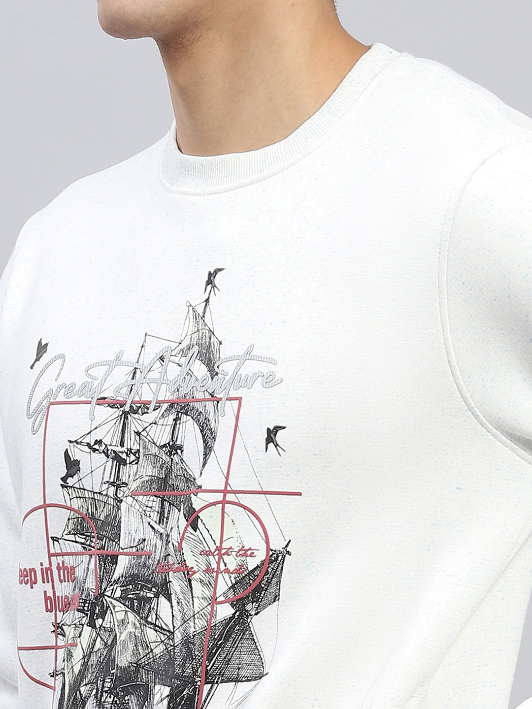 Men White Printed Round Neck Full Sleeve Sweatshirt