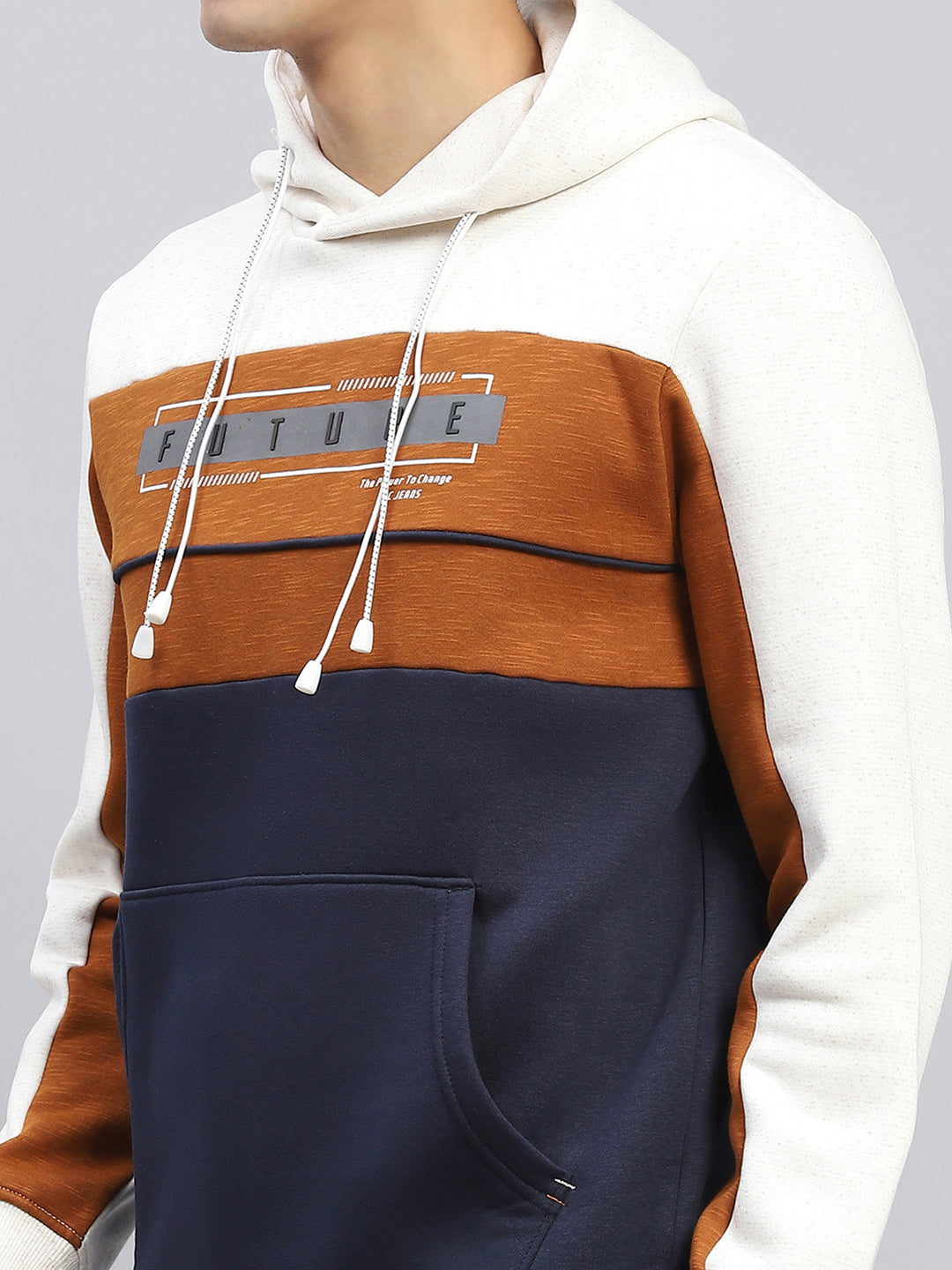 Men White & Rust Printed Hooded Full Sleeve Sweatshirt