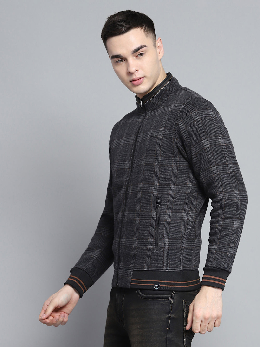 Men Black Self Design Mock Neck Full Sleeve Sweatshirt